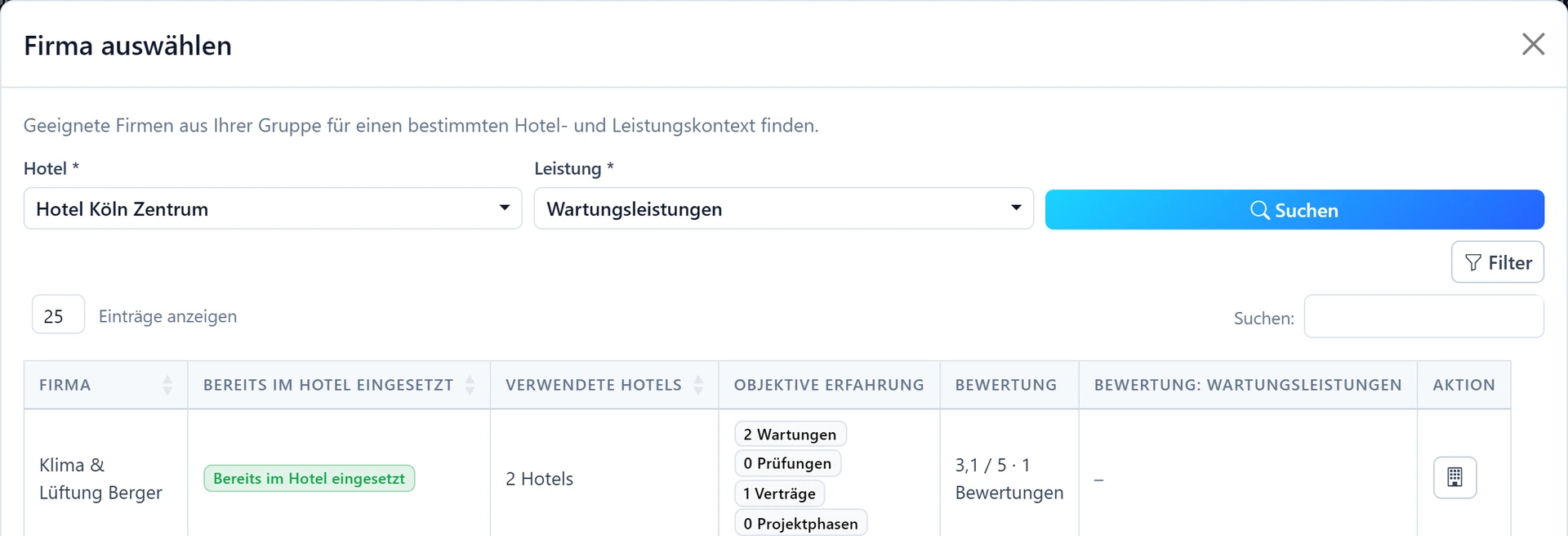 HubDix selection view for technical vendors