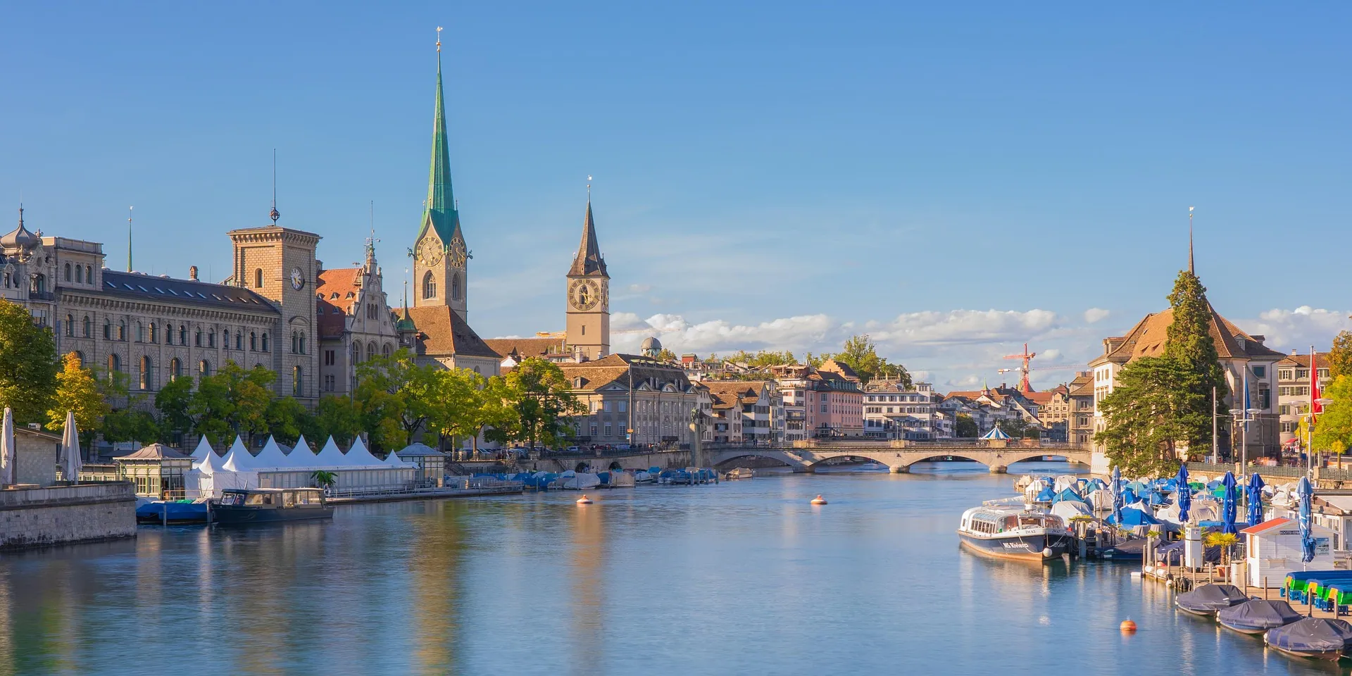 View across the Limmat to Zurich's old town with Fraumünster and St. Peter